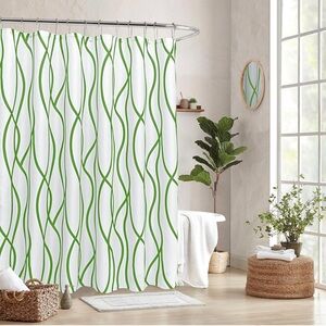 Green and white shower curtain